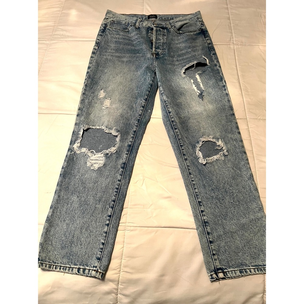 Simple Society Jeans Women's 9/29 Distressed Ripped Baggy Straight Leg Acid Wash